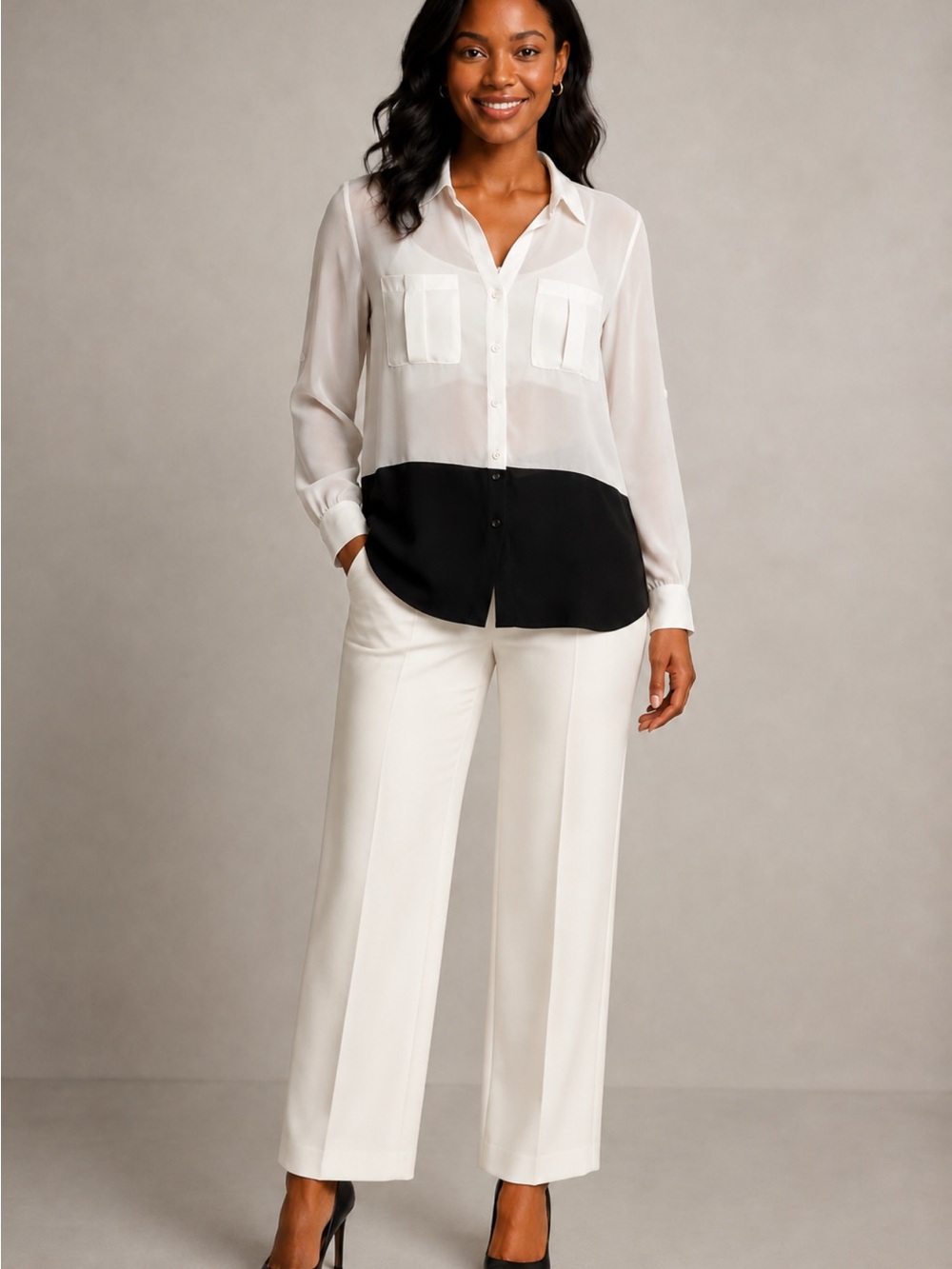 Sans Souci Two-Tone White and Black Button Front Blouse